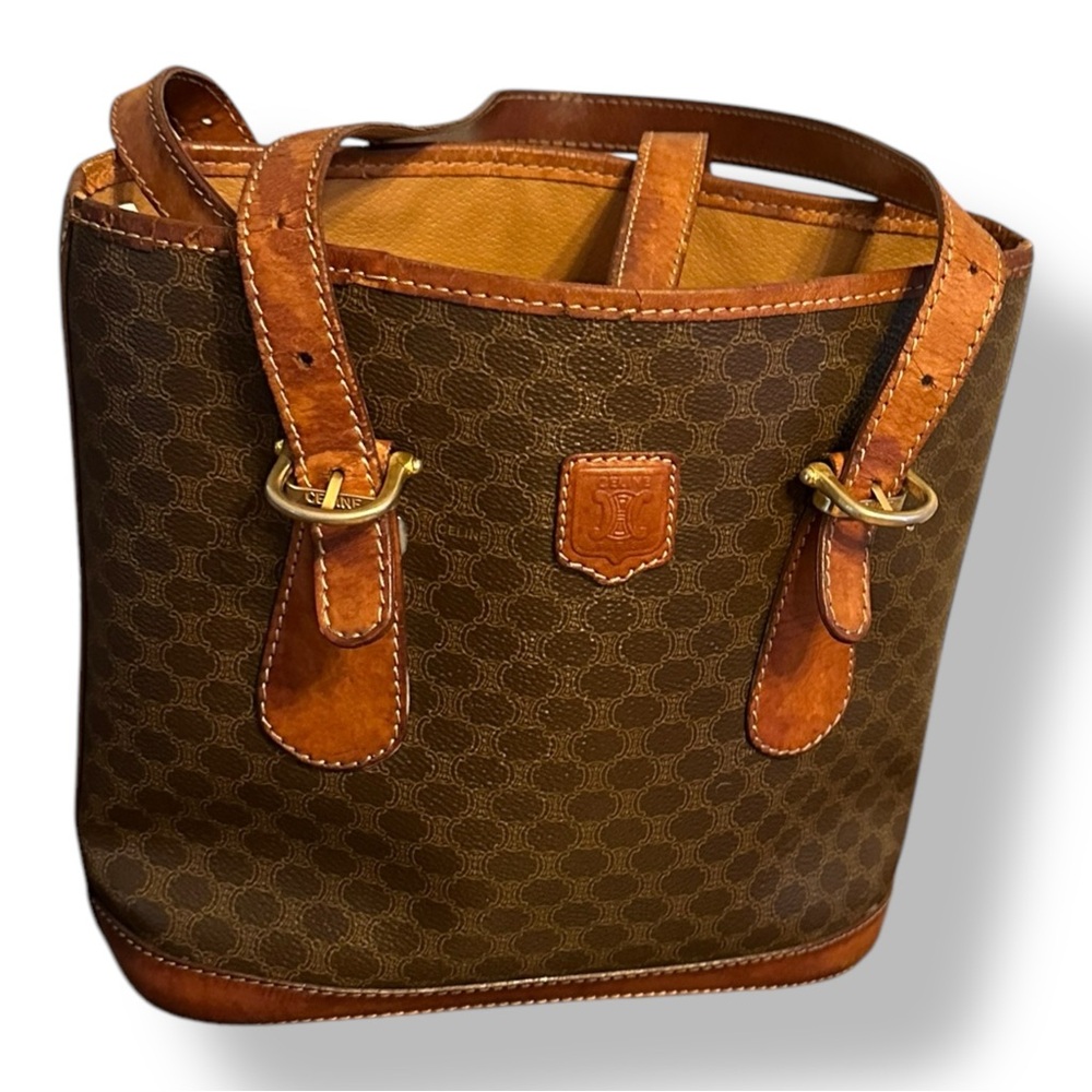 Authentic Celine Triomphe Handbag Tote Bag Bucket Shape Shoulder 2Way Vintage